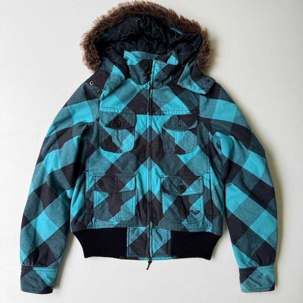 Roxy Plaid Bomber Jacket Small Turquoise Black Faux Fur Hood Winter Coat